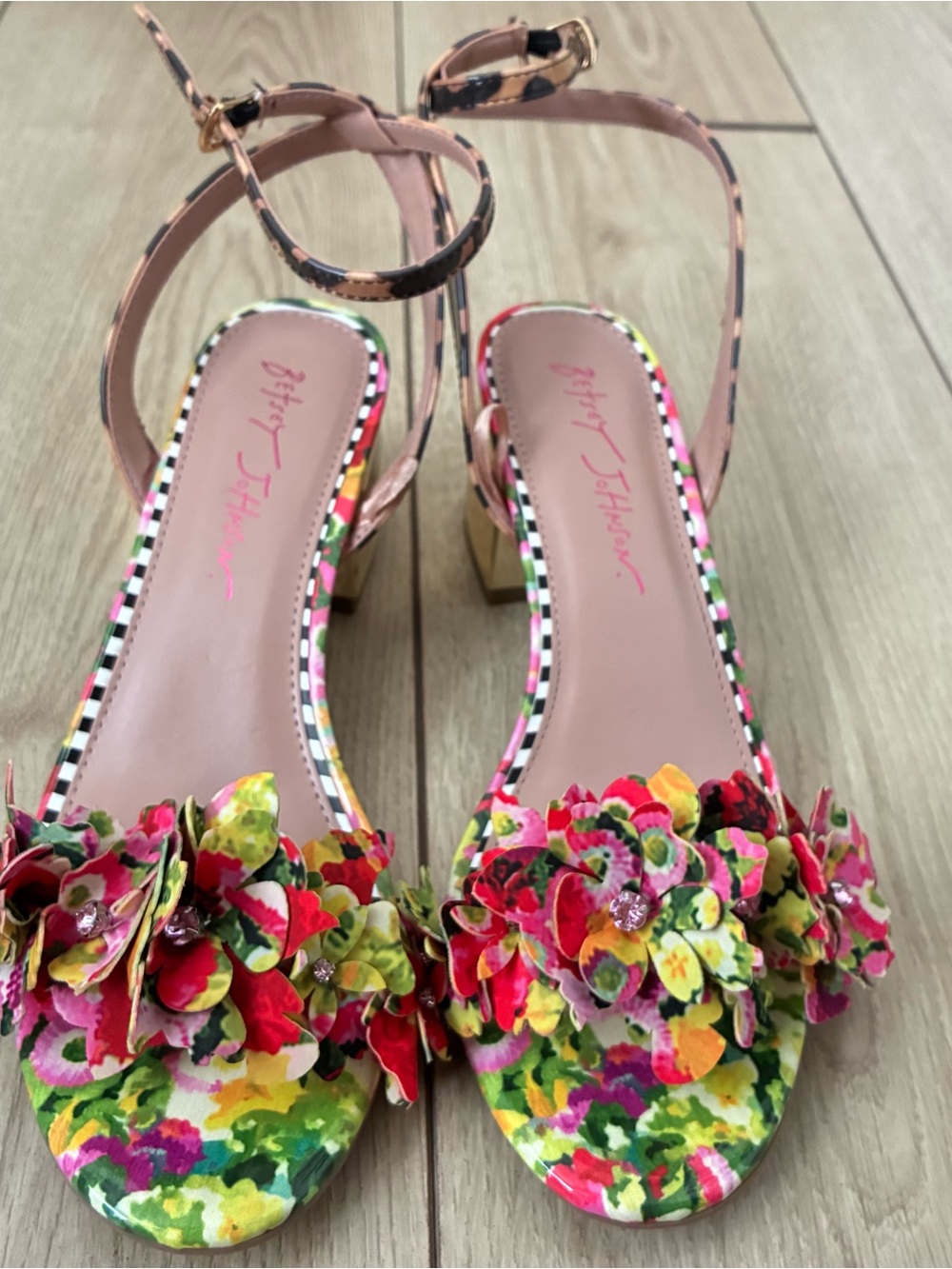 Betsey Johnson Floral Appliqué Ankle-Strap Sandals in Pink, Green, Yellow, Gold - Picture 3 of 4
